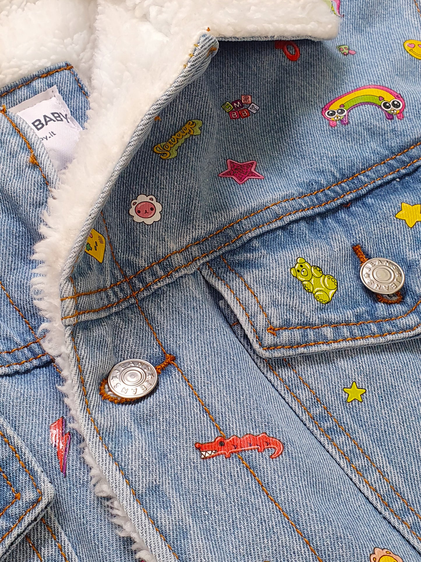 🌈 STICKERS Denim Jacket — DDWP × Cosmos Baby Capsule
